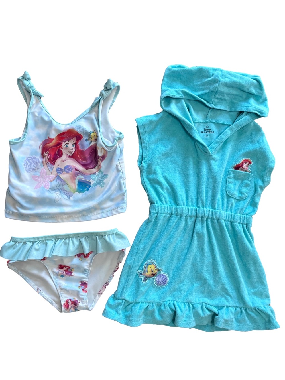 Disney Princess Ariel Swim Set & Hooded Cover-Up 3-Piece Beach Outfit Blue 6/7 - Picture 1 of 3